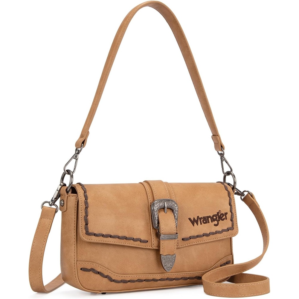 image:imageWrangler Western Shoulder Bag for Women Flap Crossbody Purse with Whipstitch Detail amp FringeVintage Cowgirl HandbagBkhaki
