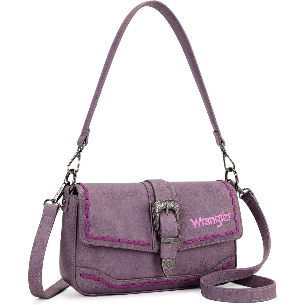 image:imageWrangler Western Shoulder Bag for Women Flap Crossbody Purse with Whipstitch Detail amp FringeVintage Cowgirl HandbagBpurple