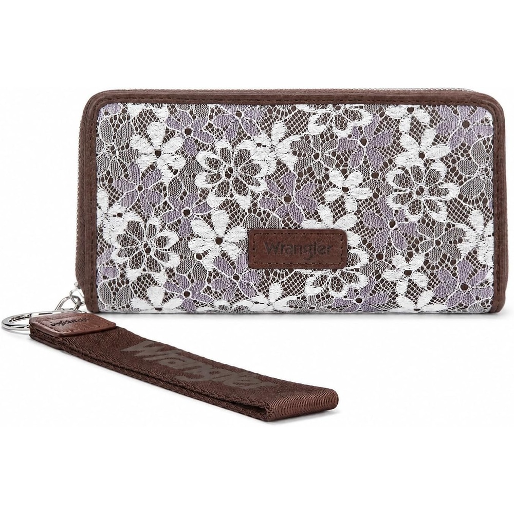 image:imageWrangler Wristlet Wallets for Women Lace Floral Tooled Clutch Purse RFID Blocking Wallet Credit Card HolderCoffee