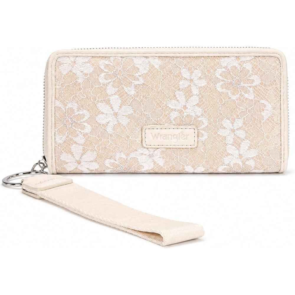 image:imageWrangler Wristlet Wallets for Women Lace Floral Tooled Clutch Purse RFID Blocking Wallet Credit Card HolderTan