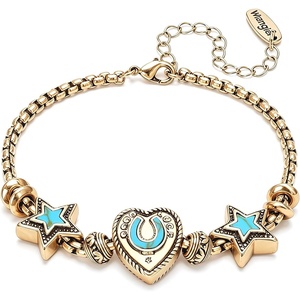 Montana West Wrangler Heart Bracelets for Women, Sliding Charm Bracelet, Fixed Charms, Turquoise Jewelry for Women with Gift Box, Sterling Silver/14K Gold(Gold Blue)