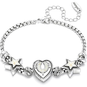 Montana West Wrangler Heart Bracelets for Women, Sliding Charm Bracelet, Fixed Charms, Turquoise Jewelry for Women with Gift Box, Sterling Silver/14K Gold(Silver White)