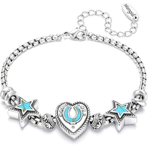Montana West Wrangler Heart Bracelets for Women, Sliding Charm Bracelet, Fixed Charms, Turquoise Jewelry for Women with Gift Box, Sterling Silver/14K Gold(Silver Blue)