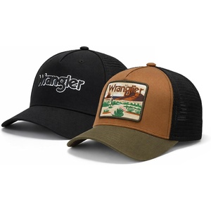 Montana West X Wrangler Men’s Trucker Hat 2-Piece Set Breathable Mesh Baseball Cap Structured 7-Panel Adjustable Snapback Hat(Black+brown)