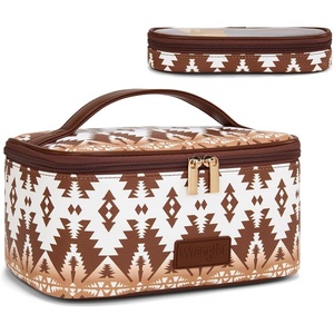 Montana West X Wrangler Travel Makeup Bag 2pcs Set Large Cosmetic Bag with Makeup Brush Holder Portable Make Up Organizer Cute Toiletry Bag with Divider and Handle for Women(Aztec-Coffee)