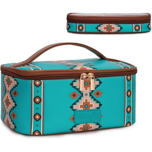 Montana West X Wrangler Travel Makeup Bag 2pcs Set Large Cosmetic Bag with Makeup Brush Holder Portable Make Up Organizer Cute Toiletry Bag with Divider and Handle for Women(Turquoise)