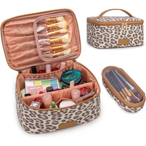 Montana West X Wrangler Travel Makeup Bag 2pcs Set Large Cosmetic Bag with Makeup Brush Holder Portable Make Up Organizer Cute Toiletry Bag with Divider and Handle for Women(Leopard-Khaki)