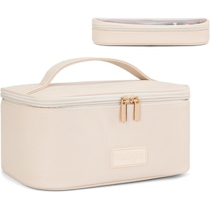 Montana West X Wrangler Travel Makeup Bag 2pcs Set Large Cosmetic Bag with Makeup Brush Holder Portable Make Up Organizer Cute Toiletry Bag with Divider and Handle for Women(Solid Beige)