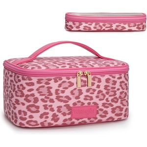 Montana West X Wrangler Travel Makeup Bag 2pcs Set Large Cosmetic Bag with Makeup Brush Holder Portable Make Up Organizer Cute Toiletry Bag with Divider and Handle for Women(Leopard-Pink)