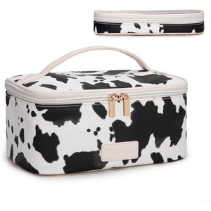 Montana West X Wrangler Travel Makeup Bag 2pcs Set Large Cosmetic Bag with Makeup Brush Holder Portable Make Up Organizer Cute Toiletry Bag with Divider and Handle for Women(Cow-Black)