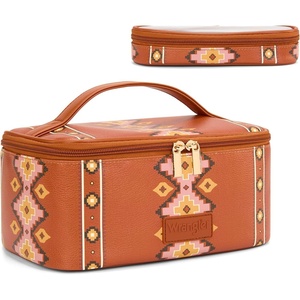 Montana West X Wrangler Travel Makeup Bag 2pcs Set Large Cosmetic Bag with Makeup Brush Holder Portable Make Up Organizer Cute Toiletry Bag with Divider and Handle for Women(Aztec-Brown)