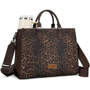 Wrangler Laptop Tote Bag for Women 15.6 Inch Large Leather Work Bag with Cup Holder, Vintage Computer Bags Briefcase Handbag(Leopard-coffee)