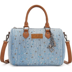 Wrangler Rhinestone Denim Barrel Bag for Women Crossbody Satchel Purse | Bling Rhinestones and Rivets with Detachable Charm. Wear as Crossbody, Shoulder, or Handle for Concerts and Everyday Outings(Jean)
