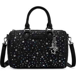Wrangler Rhinestone Denim Barrel Bag for Women Crossbody Satchel Purse | Bling Rhinestones and Rivets with Detachable Charm. Wear as Crossbody, Shoulder, or Handle for Concerts and Everyday Outings(Black)