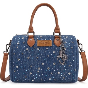 Wrangler Rhinestone Denim Barrel Bag for Women Crossbody Satchel Purse | Bling Rhinestones and Rivets with Detachable Charm. Wear as Crossbody, Shoulder, or Handle for Concerts and Everyday Outings(Dark Jean)