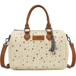 Wrangler Rhinestone Denim Barrel Bag for Women Crossbody Satchel Purse | Bling Rhinestones and Rivets with Detachable Charm. Wear as Crossbody, Shoulder, or Handle for Concerts and Everyday Outings(Biege)