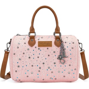 Wrangler Rhinestone Denim Barrel Bag for Women Crossbody Satchel Purse | Bling Rhinestones and Rivets with Detachable Charm. Wear as Crossbody, Shoulder, or Handle for Concerts and Everyday Outings(Pink)