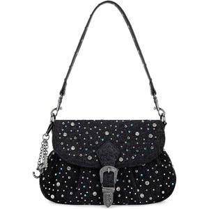 Wrangler Rhinestone Denim Purse Cute Shoulder Bag Womens Crossbody Handbag | Cowgirl Y2K Purses, Sparkly Bling Denim, Lightweight for Going Out or Travel, 3 Pockets Fits Phone Keys Lipstick(Black)
