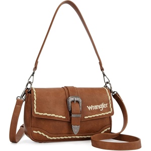 Wrangler Western Shoulder Bag for Women, Flap Crossbody Purse with Whipstitch Detail & Fringe,Vintage Cowgirl Handbag(B-brown)