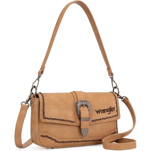 Wrangler Western Shoulder Bag for Women, Flap Crossbody Purse with Whipstitch Detail & Fringe,Vintage Cowgirl Handbag(B-khaki)