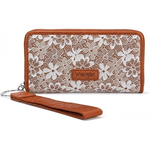 Wrangler Wristlet Wallets for Women Lace Floral Tooled Clutch Purse RFID Blocking Wallet Credit Card Holder(Brown)