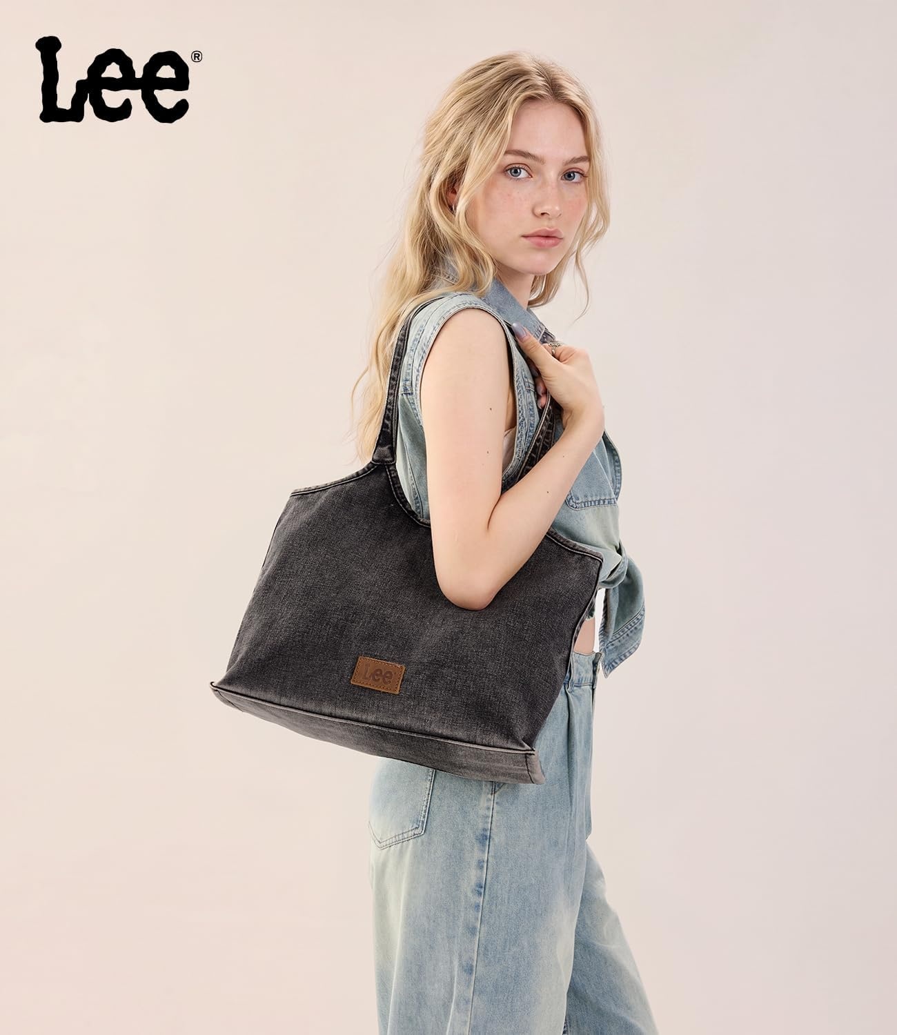 image:imageLee Denim Tote Bag for Women Casual Denim Purse amp Hobo Shoulder Handbag for Work Travel ShoppingBlack