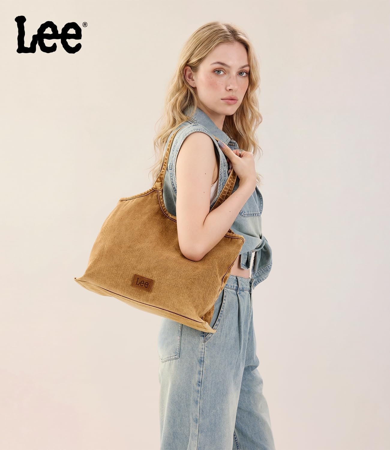 image:imageLee Denim Tote Bag for Women Casual Denim Purse amp Hobo Shoulder Handbag for Work Travel ShoppingBrown