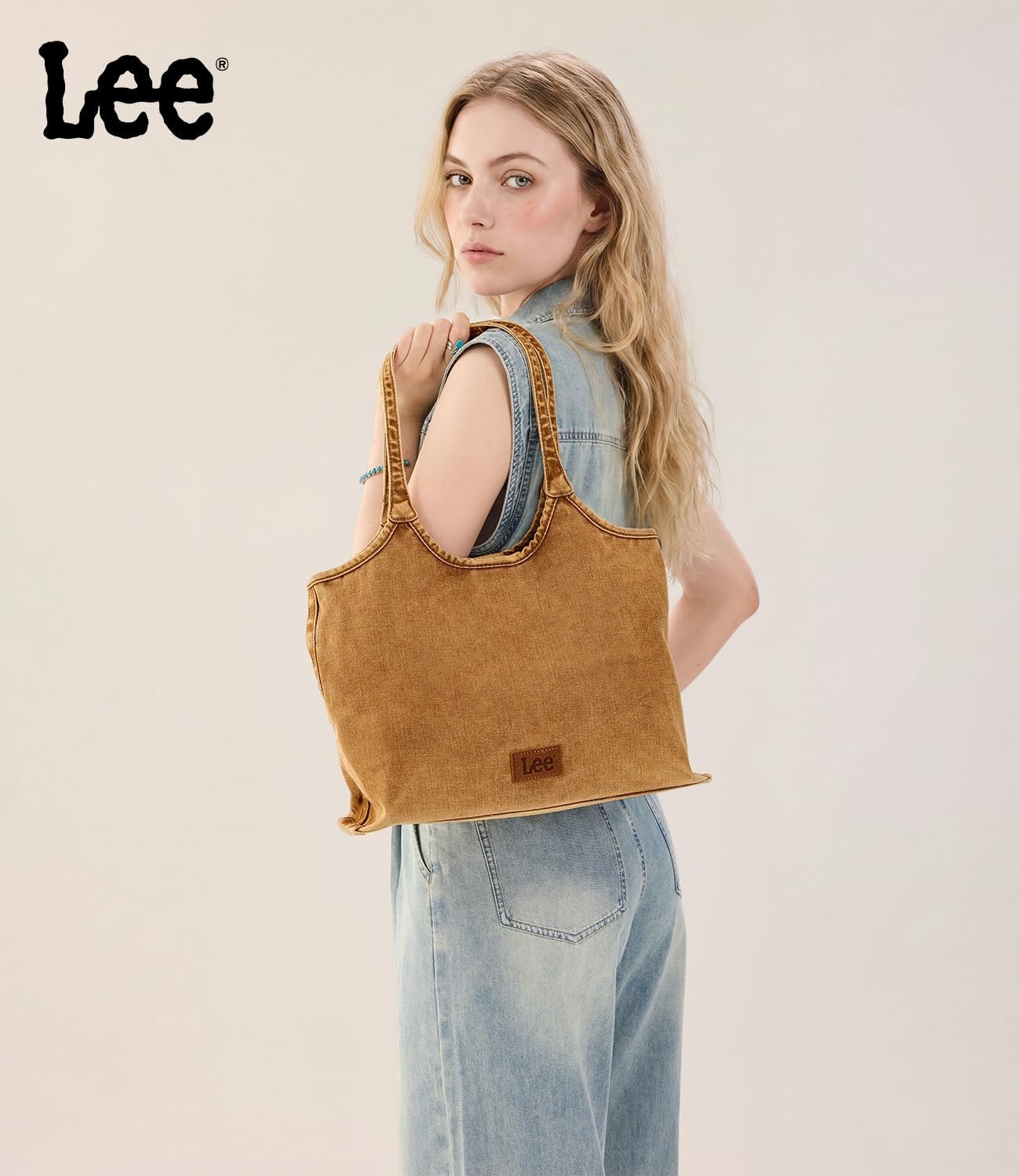 image:imageLee Denim Tote Bag for Women Casual Denim Purse amp Hobo Shoulder Handbag for Work Travel ShoppingBrown