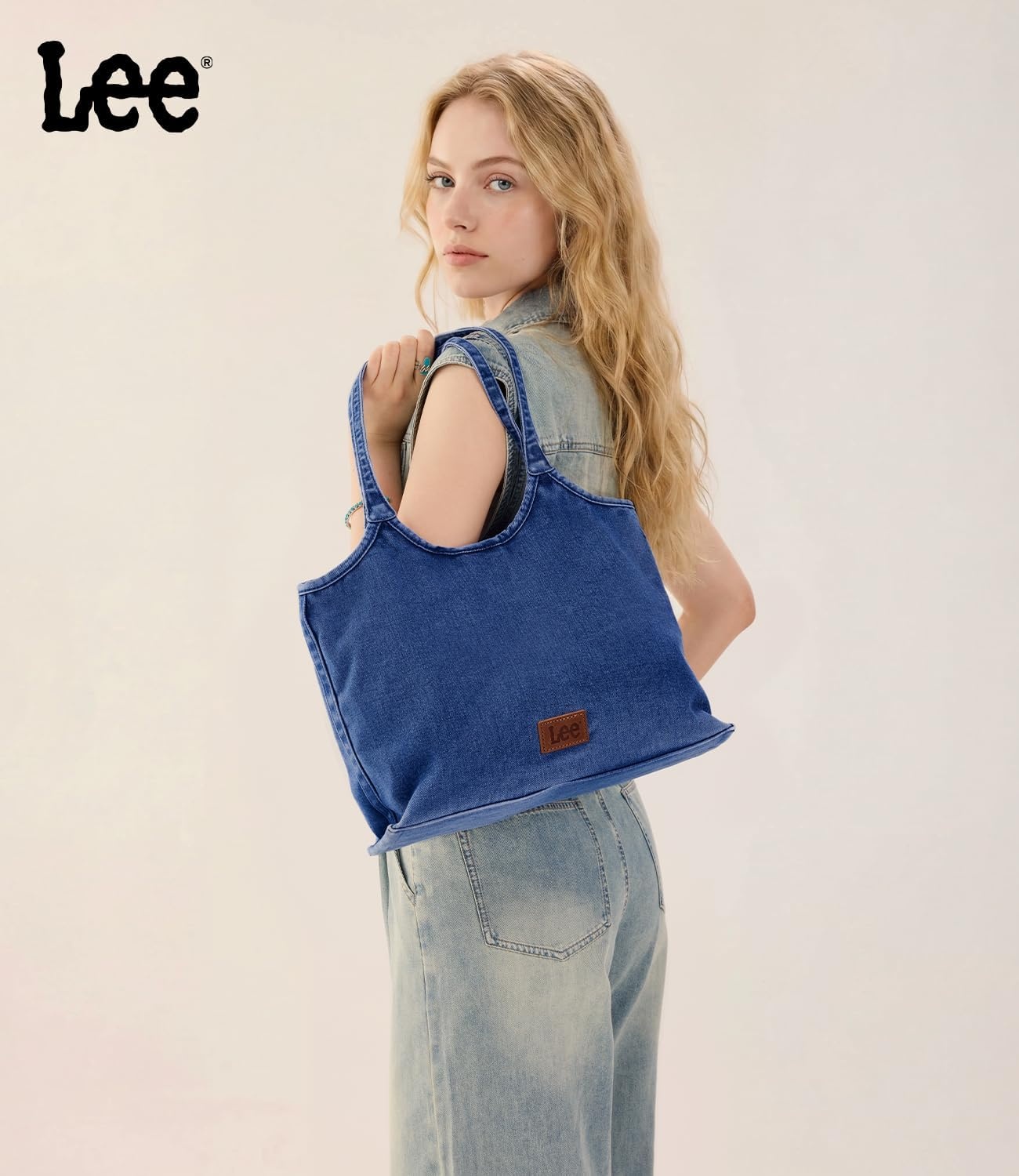 image:imageLee Denim Tote Bag for Women Casual Denim Purse amp Hobo Shoulder Handbag for Work Travel ShoppingDenim Blue