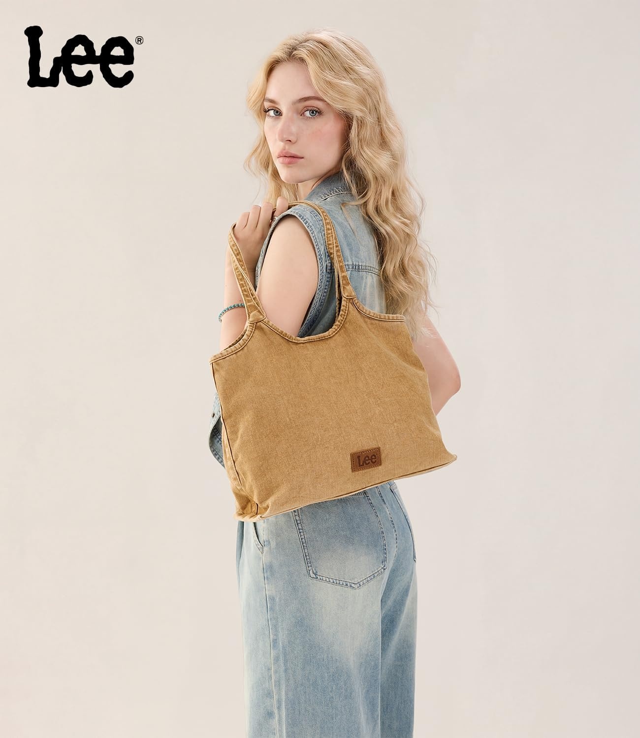 image:imageLee Denim Tote Bag for Women Casual Denim Purse amp Hobo Shoulder Handbag for Work Travel ShoppingLight Brown