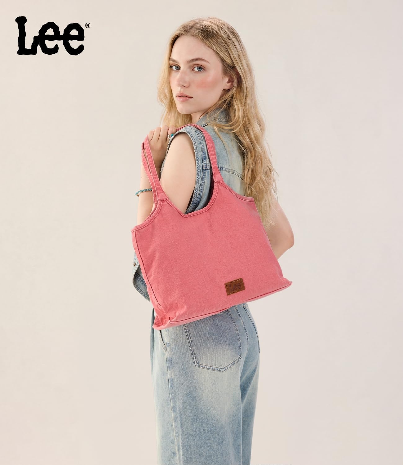 image:imageLee Denim Tote Bag for Women Casual Denim Purse amp Hobo Shoulder Handbag for Work Travel ShoppingPink