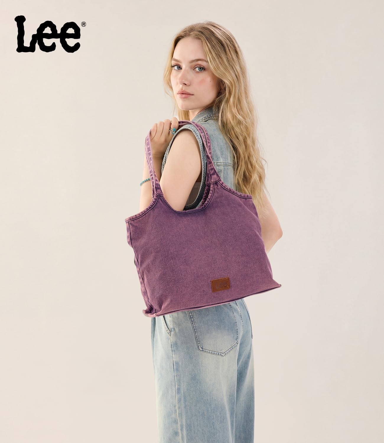 image:imageLee Denim Tote Bag for Women Casual Denim Purse amp Hobo Shoulder Handbag for Work Travel ShoppingPurple