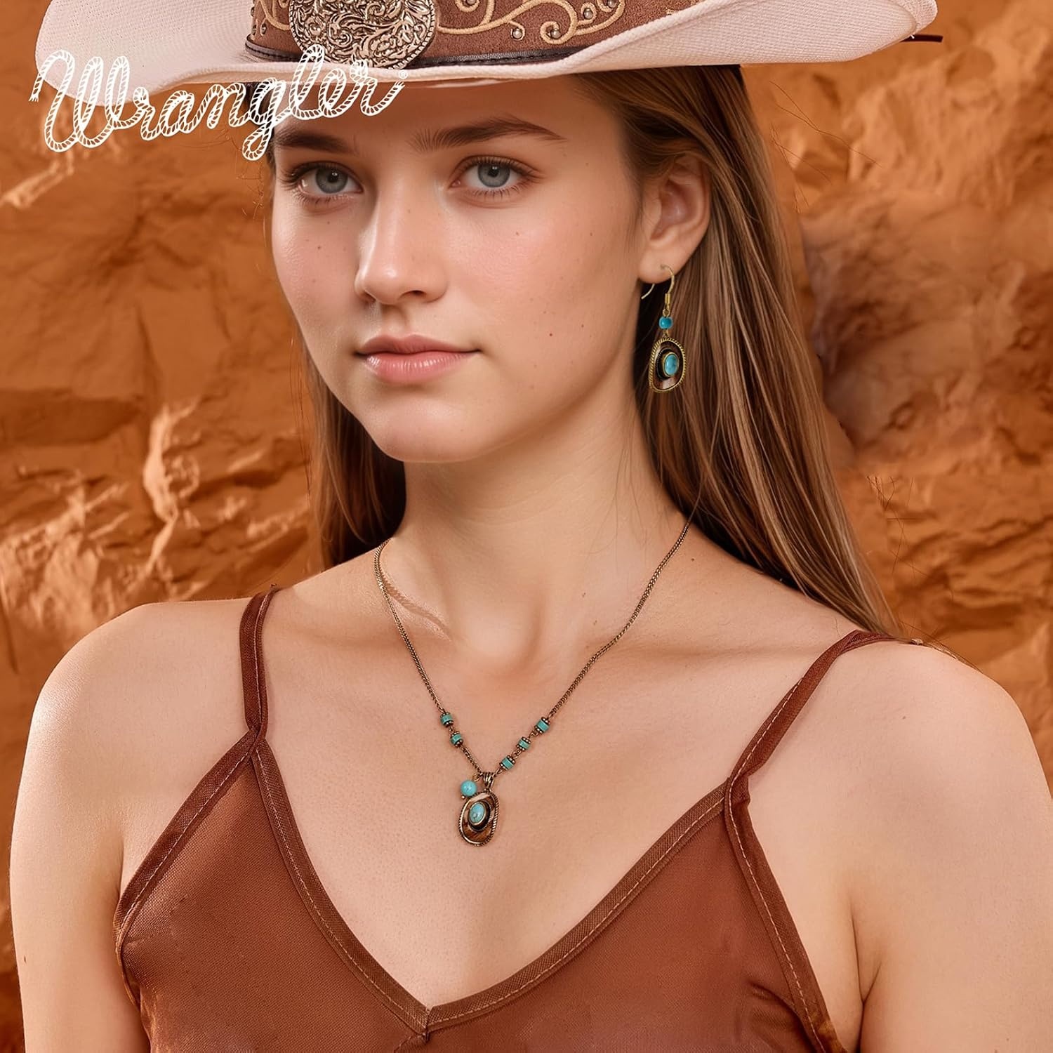 image:imageMontana West Wrangler Couture Turquoise Jewelry for Women Western Jewelry Pendant Necklace Cowgirl Vintage Western NecklaceHat Gold Green