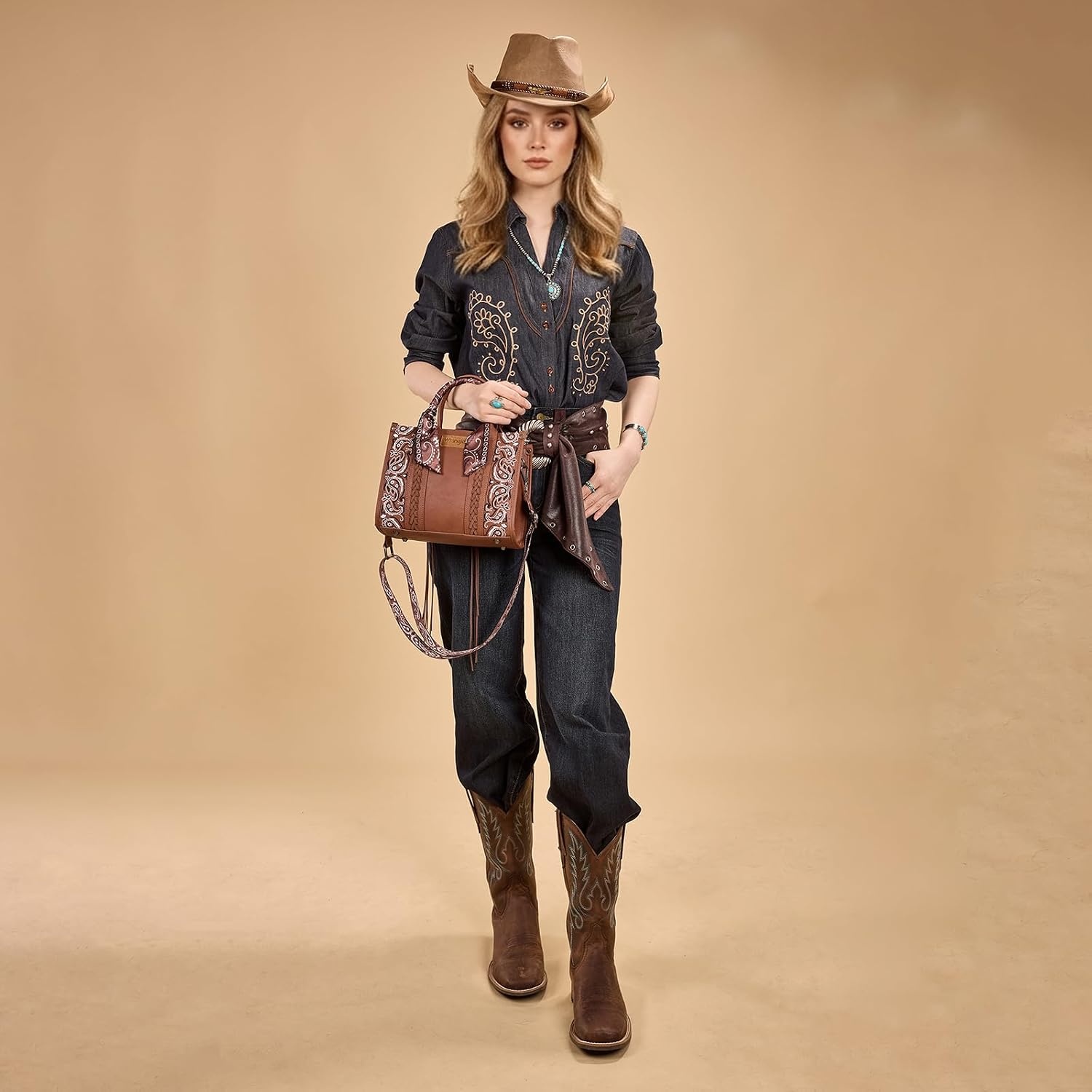 image:imageMontana West Wrangler Desert Paisley Tote Bag for Women Floral Embroidered Top Handle Handbags with BandanaBrown