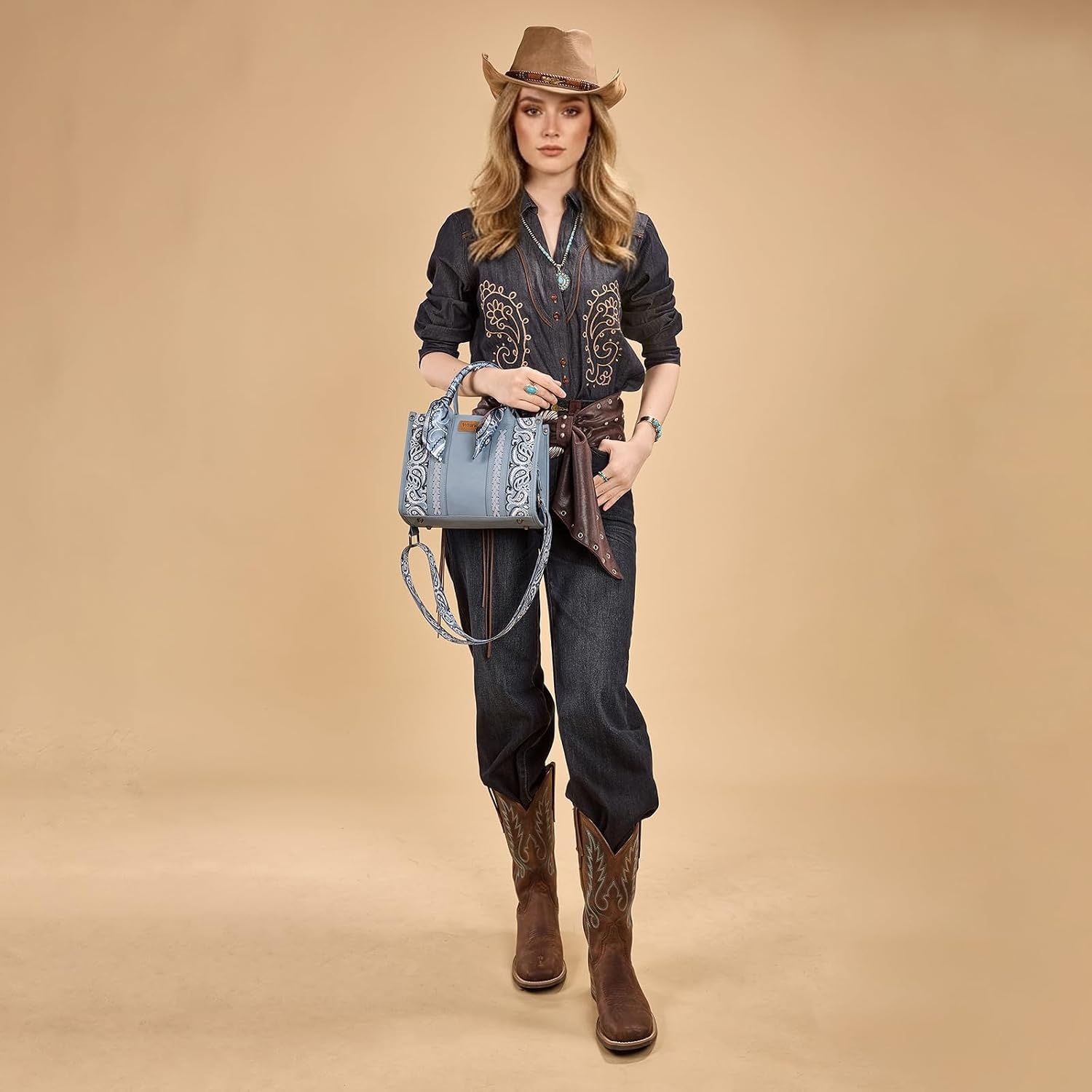 image:imageMontana West Wrangler Desert Paisley Tote Bag for Women Floral Embroidered Top Handle Handbags with BandanaJean