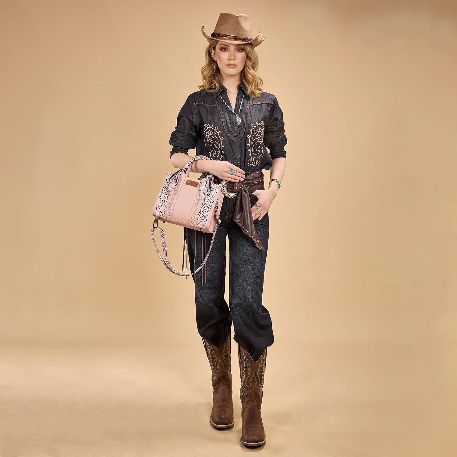 image:imageMontana West Wrangler Desert Paisley Tote Bag for Women Floral Embroidered Top Handle Handbags with BandanaPink