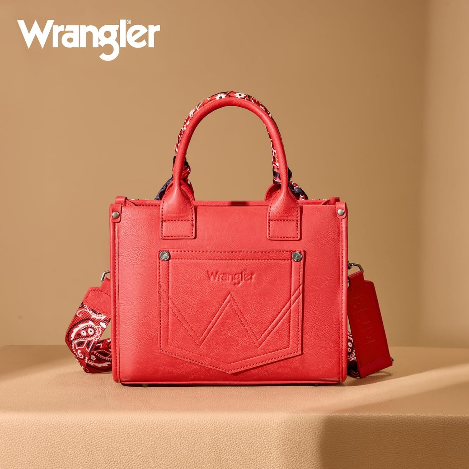 image:imageMontana West Wrangler Desert Paisley Tote Bag for Women Floral Embroidered Top Handle Handbags with BandanaRed