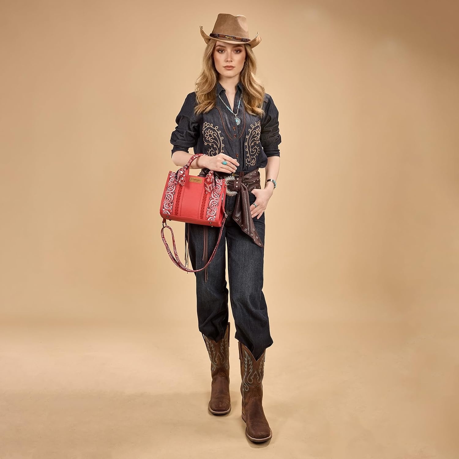 image:imageMontana West Wrangler Desert Paisley Tote Bag for Women Floral Embroidered Top Handle Handbags with BandanaRed