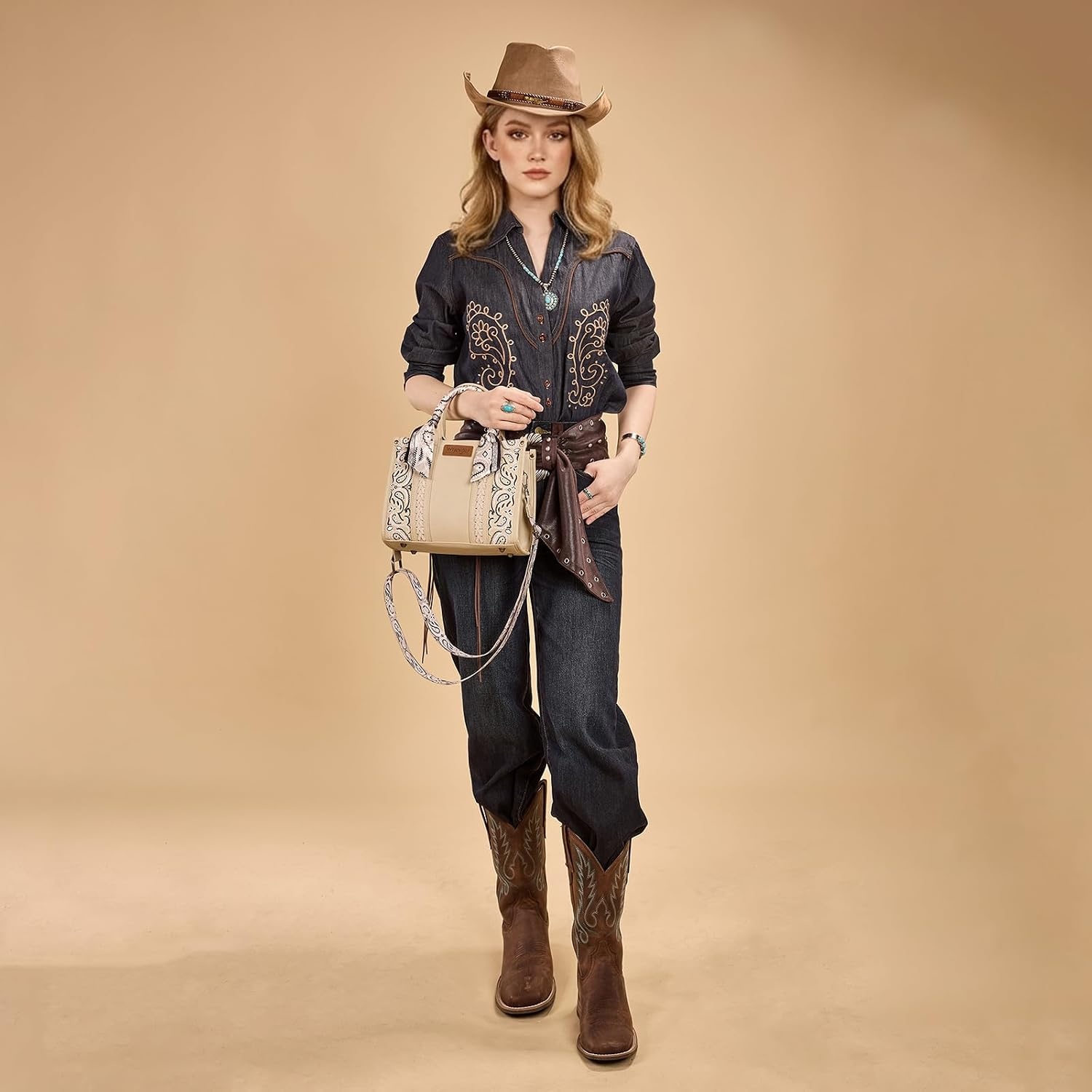 image:imageMontana West Wrangler Desert Paisley Tote Bag for Women Floral Embroidered Top Handle Handbags with BandanaTan