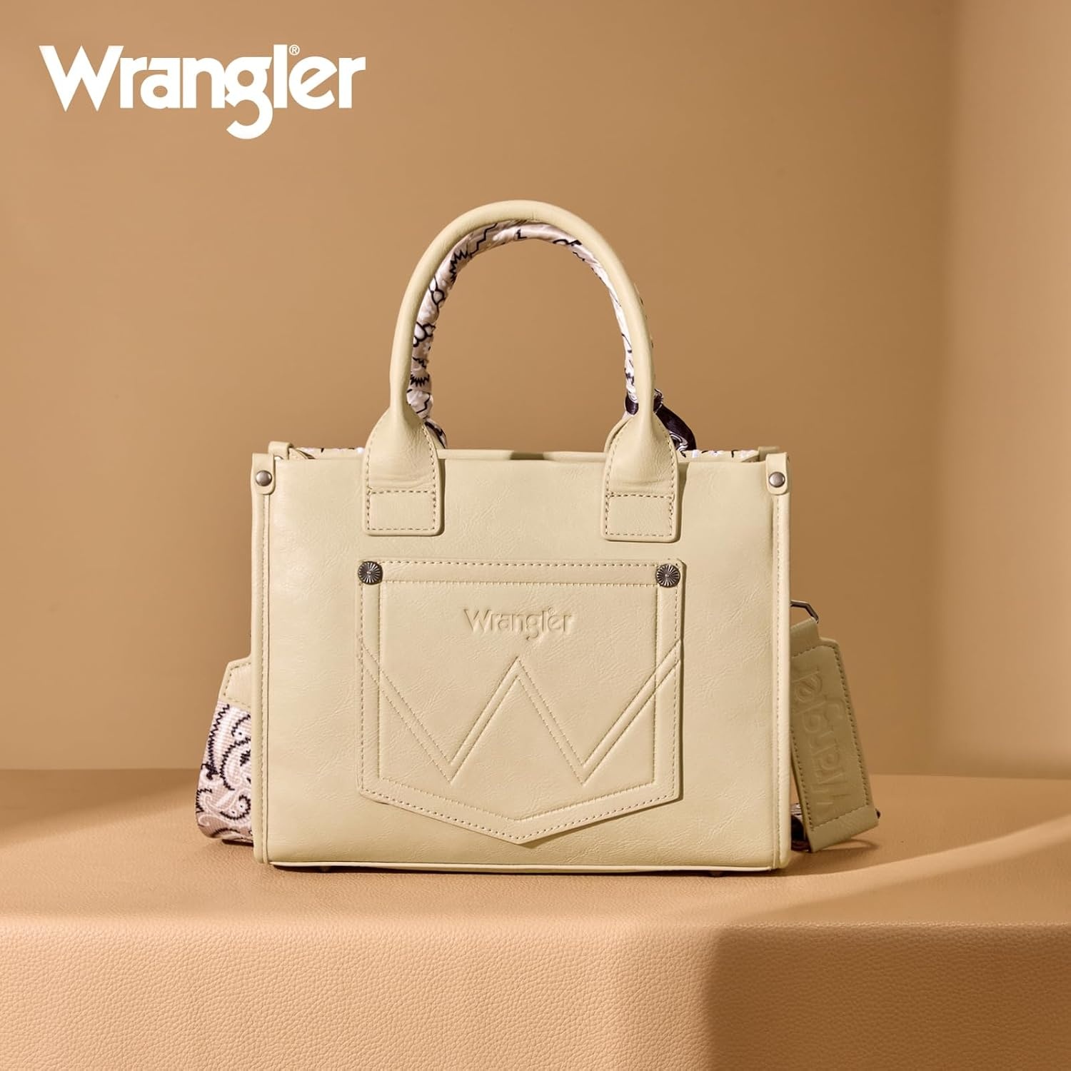 image:imageMontana West Wrangler Desert Paisley Tote Bag for Women Floral Embroidered Top Handle Handbags with BandanaTan
