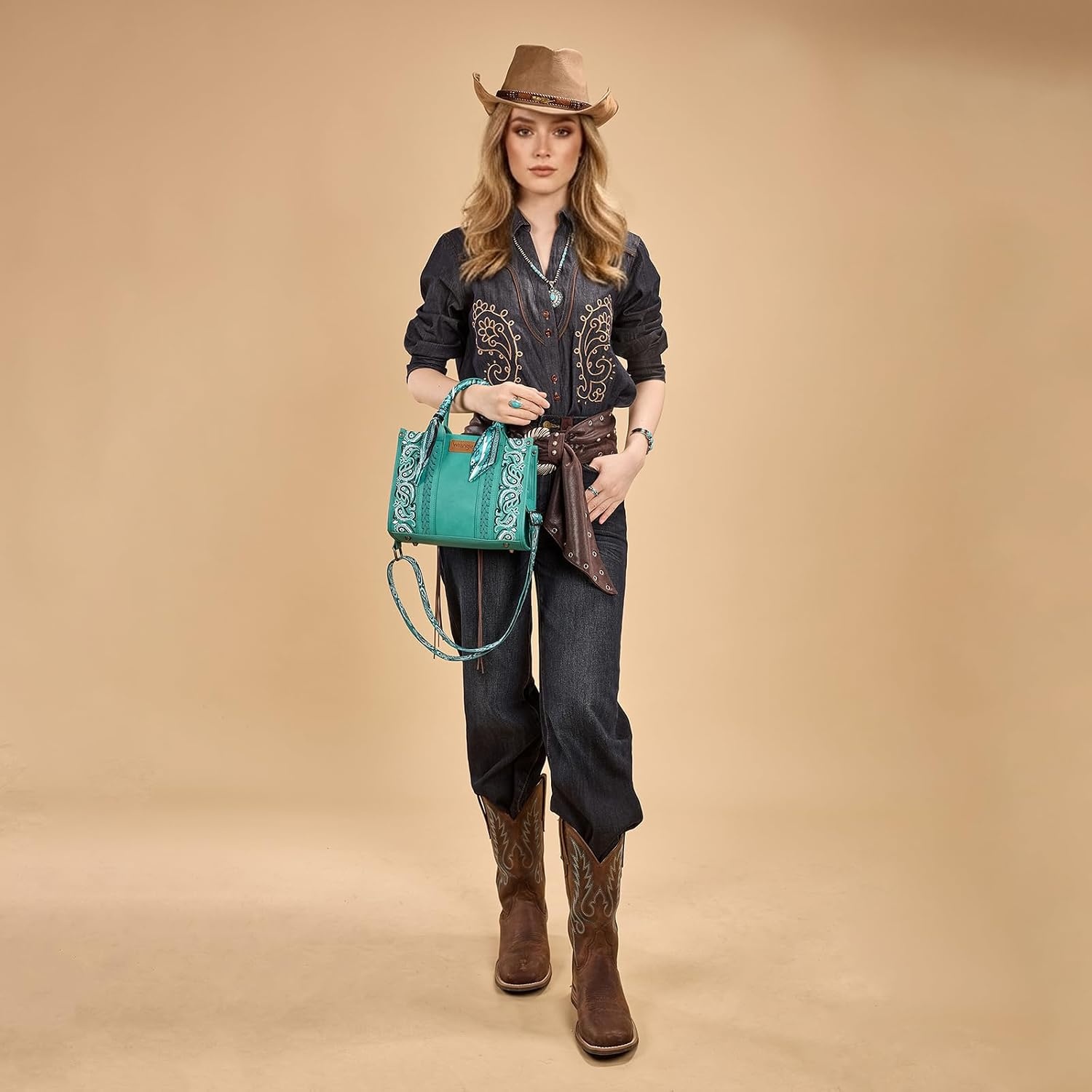 image:imageMontana West Wrangler Desert Paisley Tote Bag for Women Floral Embroidered Top Handle Handbags with BandanaTurquoise