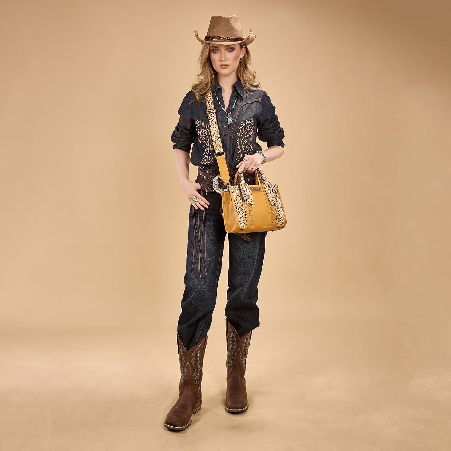 image:imageMontana West Wrangler Desert Paisley Tote Bag for Women Floral Embroidered Top Handle Handbags with BandanaYellow
