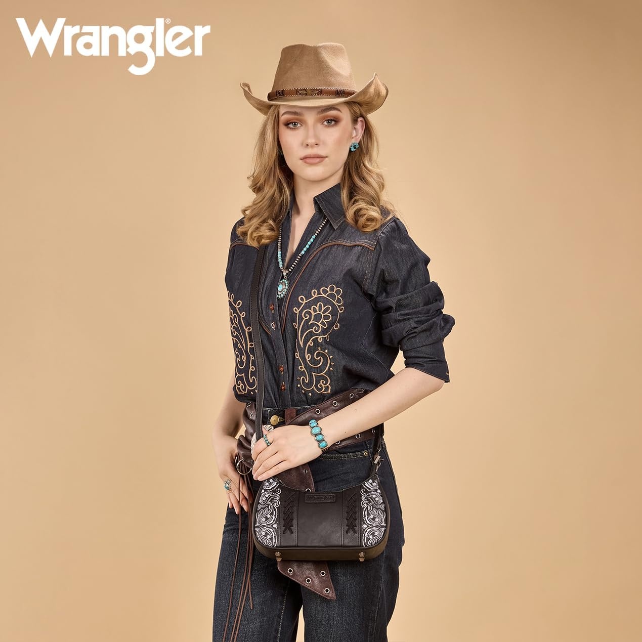 image:imageWrangler Shoulder Bag for Women Western Desert Paisley Purse Floral Embroidered Underarm Handbag with BandanaBlack