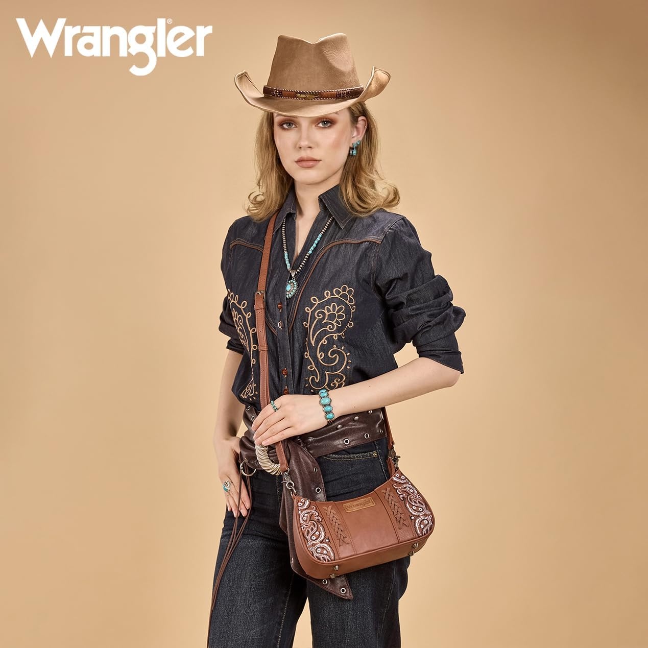 image:imageWrangler Shoulder Bag for Women Western Desert Paisley Purse Floral Embroidered Underarm Handbag with BandanaBrown