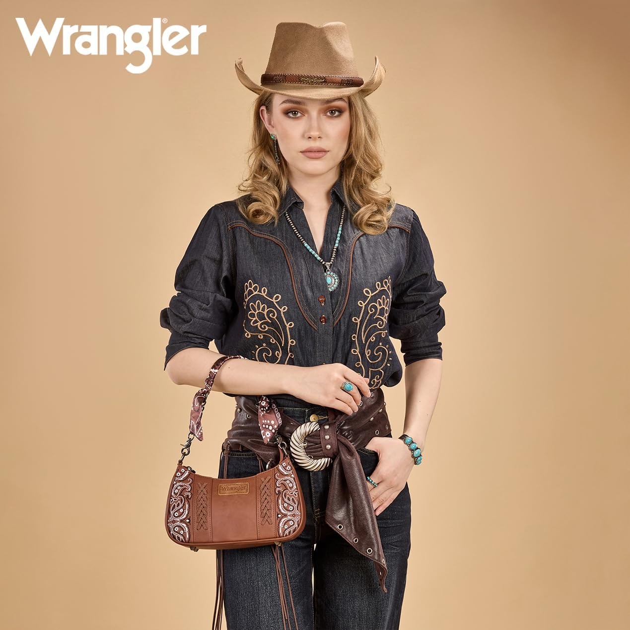 image:imageWrangler Shoulder Bag for Women Western Desert Paisley Purse Floral Embroidered Underarm Handbag with BandanaBrown
