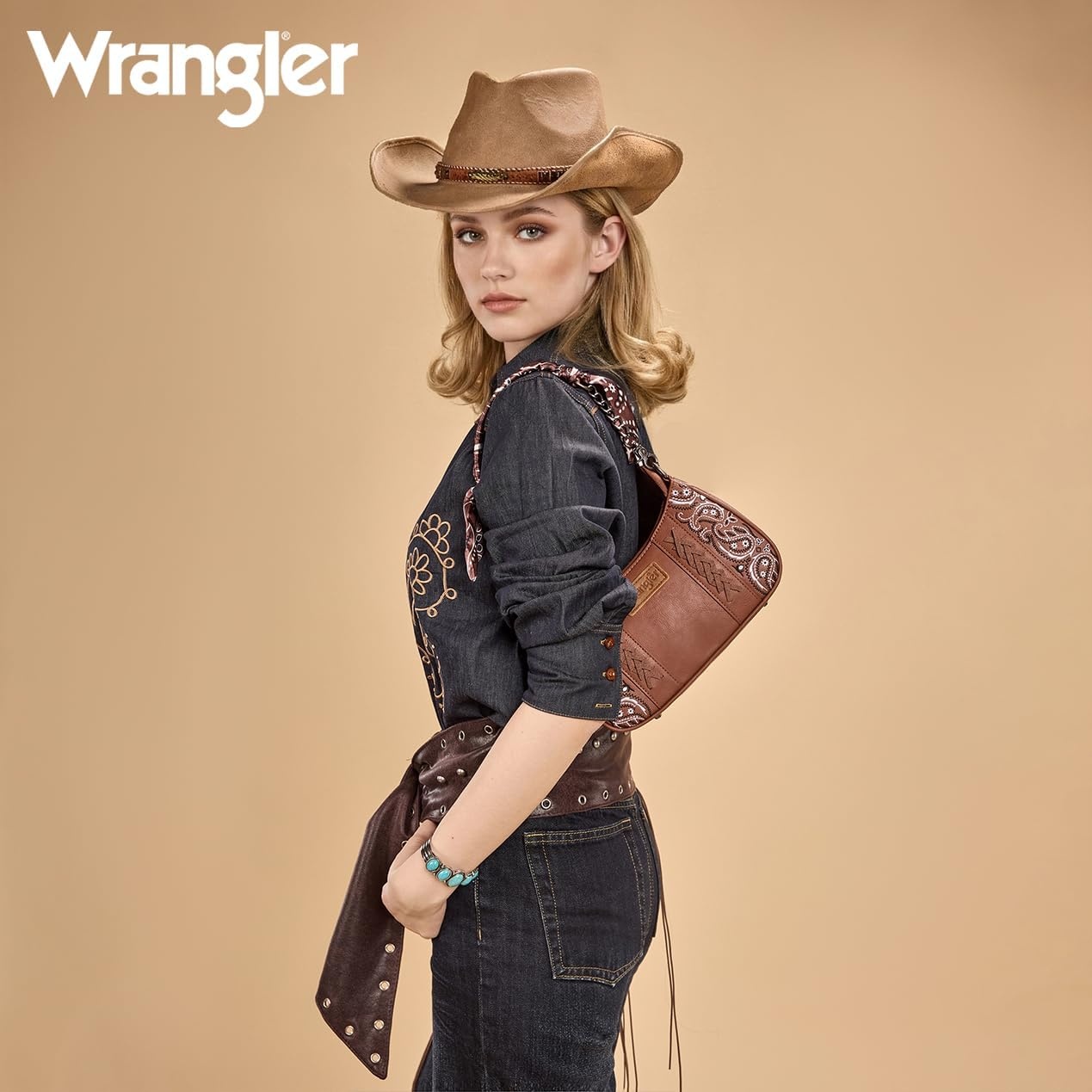 image:imageWrangler Shoulder Bag for Women Western Desert Paisley Purse Floral Embroidered Underarm Handbag with BandanaBrown