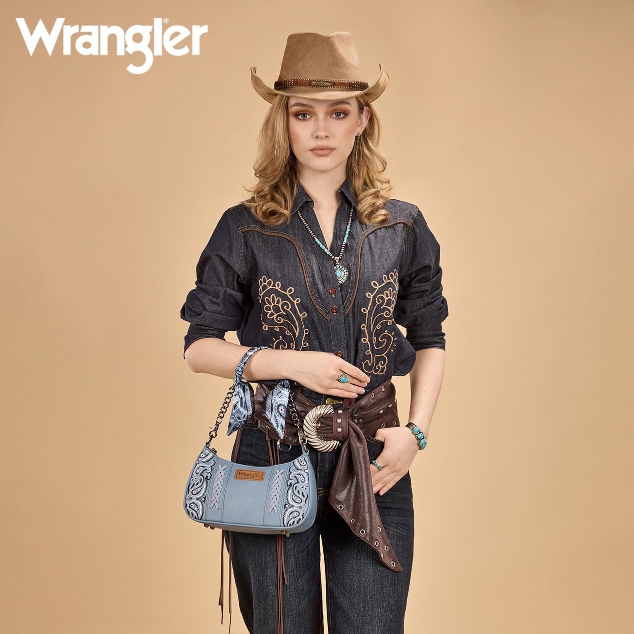 image:imageWrangler Shoulder Bag for Women Western Desert Paisley Purse Floral Embroidered Underarm Handbag with BandanaJean