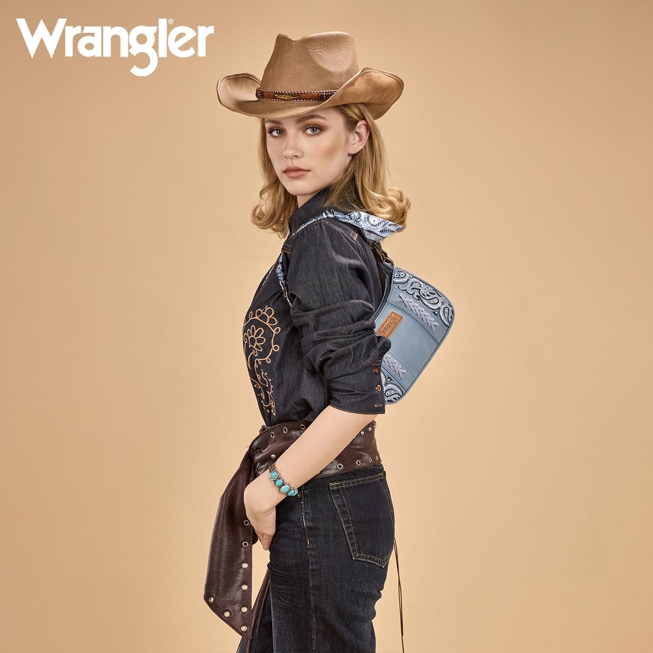 image:imageWrangler Shoulder Bag for Women Western Desert Paisley Purse Floral Embroidered Underarm Handbag with BandanaJean