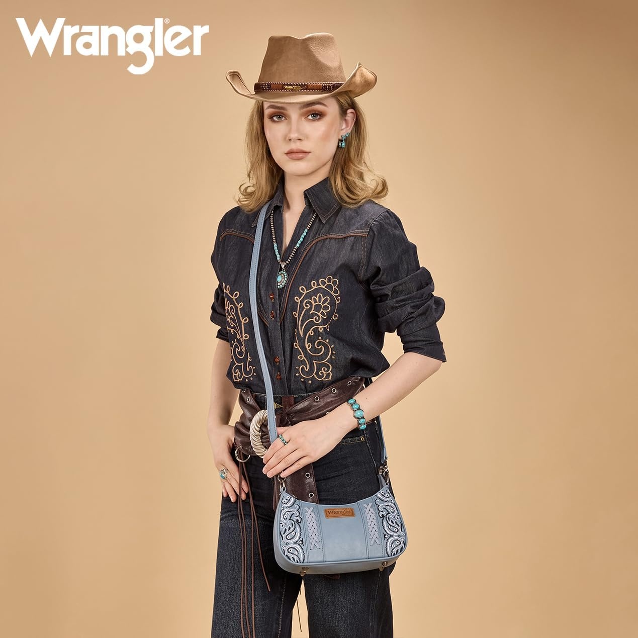 image:imageWrangler Shoulder Bag for Women Western Desert Paisley Purse Floral Embroidered Underarm Handbag with BandanaJean