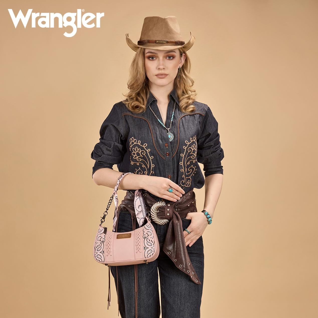 image:imageWrangler Shoulder Bag for Women Western Desert Paisley Purse Floral Embroidered Underarm Handbag with BandanaPink